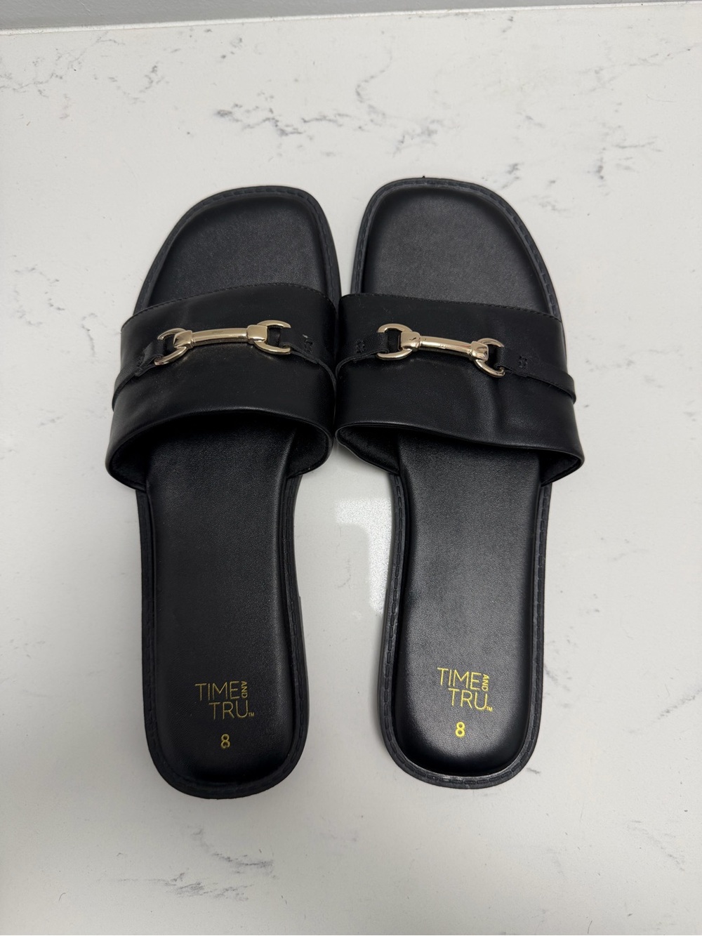 Time and Tru Black Slide Mules with Gold Bit Detail